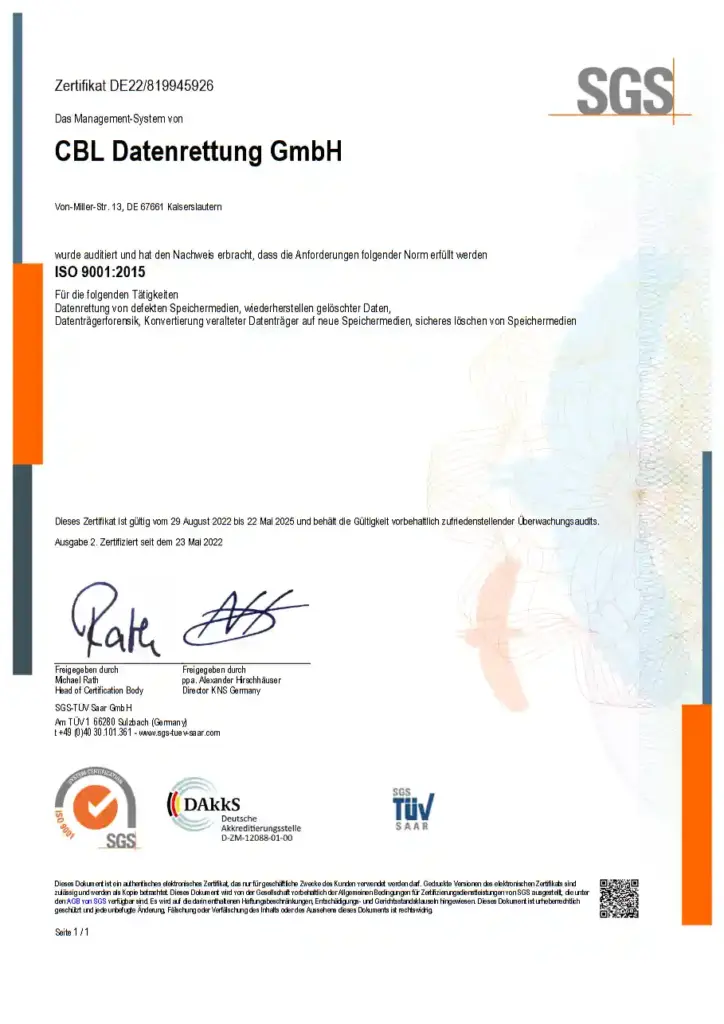 ISO 9001:2015 Zertifizierung durch SGS, DAkkS und SGS TÜV Saar